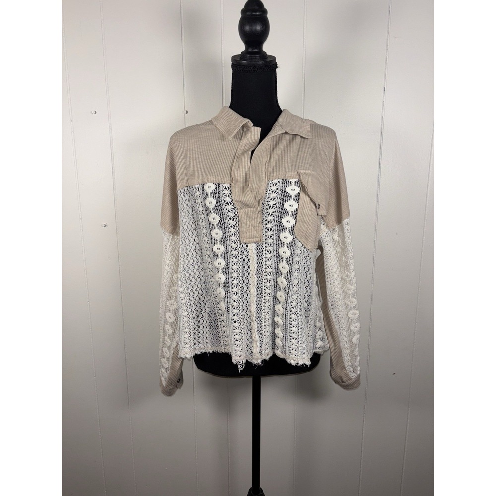 POL Breezy Lightweight Crochet Contrast Top light beige S